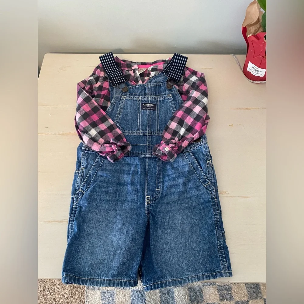 OshKosh B'gosh Blue Denim Shortalls with Pink Plaid Shirt Two Pieces